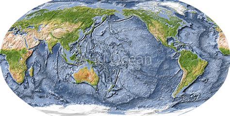 World Map Shaded Relief With Ocean Floor Centered On The Pacific