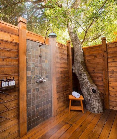 20 Refresh Outdoor Shower With Wood Elements In Nature Homemydesign