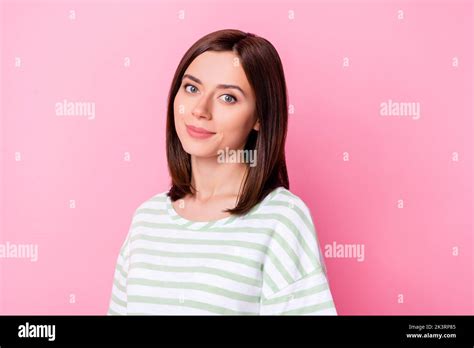 Portrait Of Optimistic Cute Sweet Pretty Girl With Bob Hairdo Dressed Striped T Shirt Look At