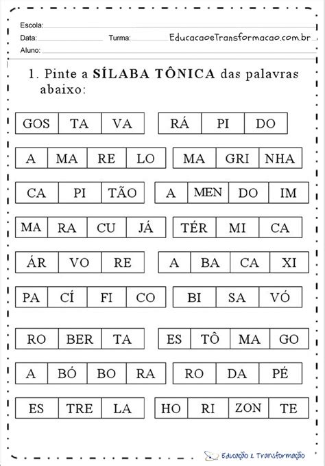 Atividades silaba tônica para imprimir Pinte Educação e Transformação