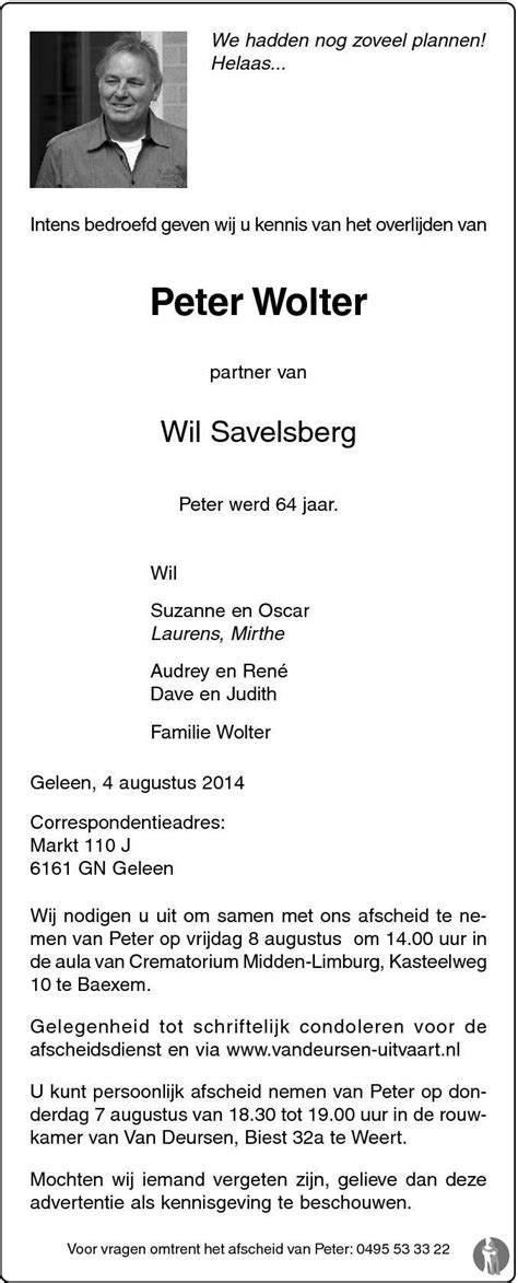 Peter Wolter 04 08 2014 Overlijdensbericht En Condoleances Mensenlinqnl