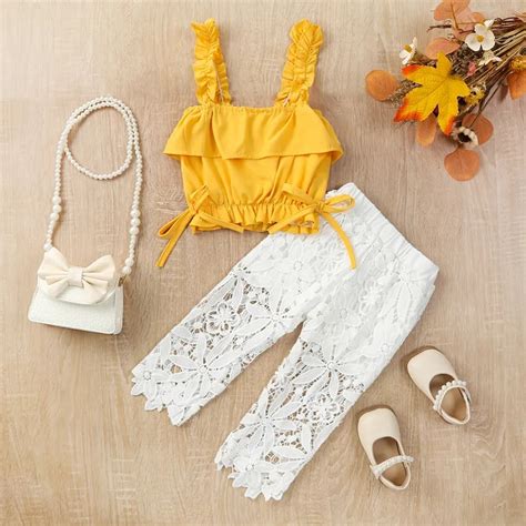 Citgeett Summer Kids Girls Pants Sets Yellow Ruffle Camisole White Lace