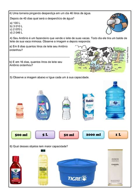 Matem Tica Medidas De Capacidade Atividade De Matem Tica Para