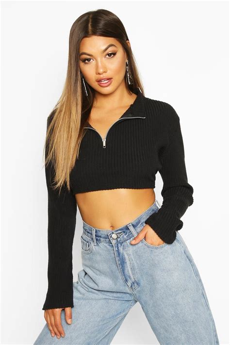 Brushed Soft Ribbed Zip Up Crop Sweat Boohoo In 2020 Fashion Inspo
