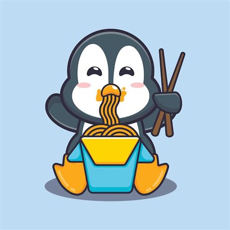 Premium Vector Cute Penguin Eating Noodle Cute Cartoon Animal