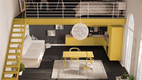 Scandinavian Minimalist Loft One Room Apartment With Yellow Kit Stock