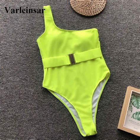 2019 Neon Yellow Green One Shoulder One Piece Swimsuit Women Swimwear Female Bather With Waist