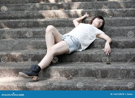 Beautiful Asian Woman Lying On Cement Steps Stock Photo Image Of Attitude Expired