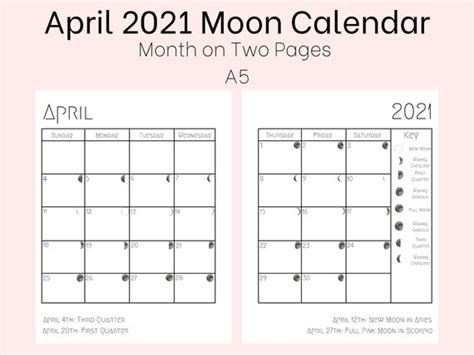 April 2021 Moon Phase Calendar A5 Printable Calendar Lunar Etsy