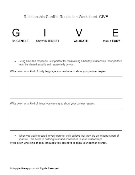 Relationship Conflict Resolution Worksheet Give Happiertherapy