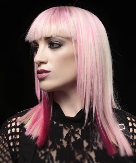 Long Sleek Pink Hairstyle With Blunt Cut Bangs