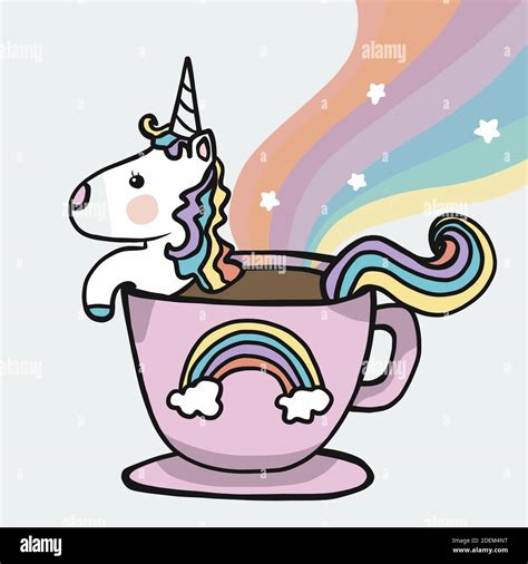 Unicorn Coffee Cup With Rainbow Cartoon Vector Illustration Stock