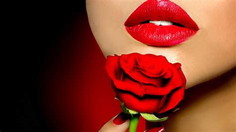 Wallpaper Girl Face Lips Lipstick Red Rose Flower