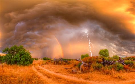 Download Rainbow Field Cloud Lightning Sky Nature Storm Hd Wallpaper