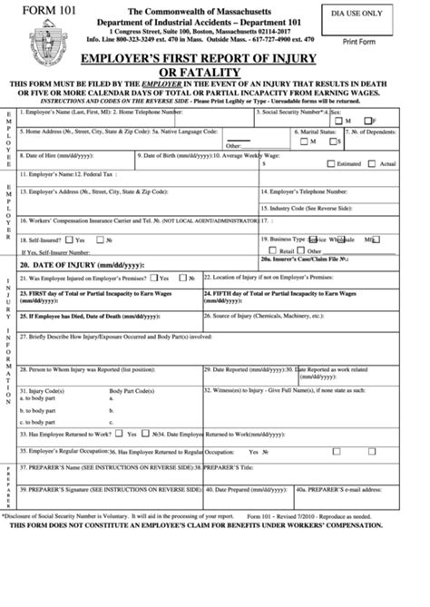 Fillable Form 101 Employers First Report Of Injury Printable Pdf