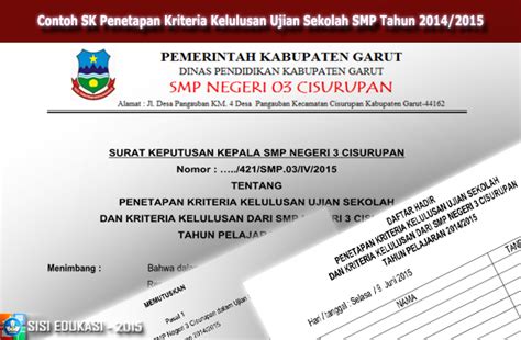 Berdasarkan peraturan sekretaris jenderal kementerian pendidikan dan kebudayaan (kemdikbud) nomor 5 tahun 2020, dinyatakan bahwa kelulusan sd, sdlb. Contoh SK Penetapan Kriteria Kelulusan Ujian Sekolah SMP ...