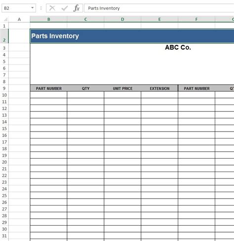 Spare Parts Inventory List Template