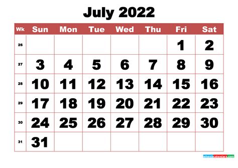 July 2022 Calendar Printable Format Print Now July 2022 Calendar
