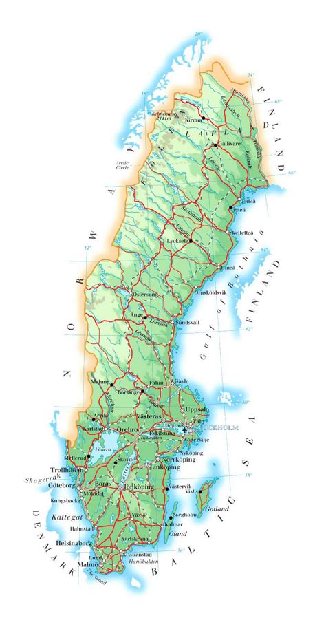 detailed elevation map of sweden with roads cities and airports sweden europe mapsland