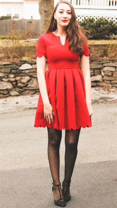 A Valentines Day Outfit Red Dress And Polka Dot Tights Fashion Tights