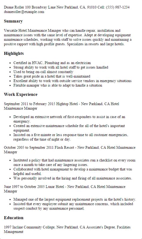 Facilities maintenance supervisor resume examples & samples. Professional Hotel Maintenance Manager Templates to ...