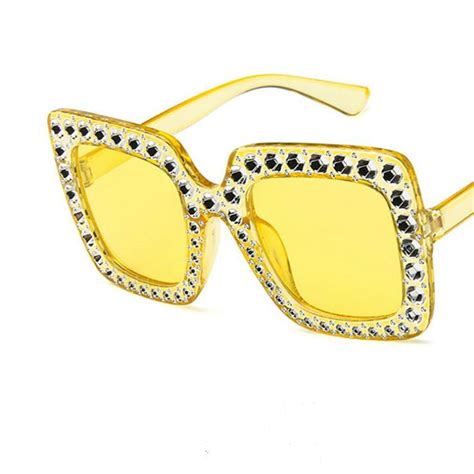Women Fashion Large Square Frame Bling Rhinestone Sunglasses Yellow