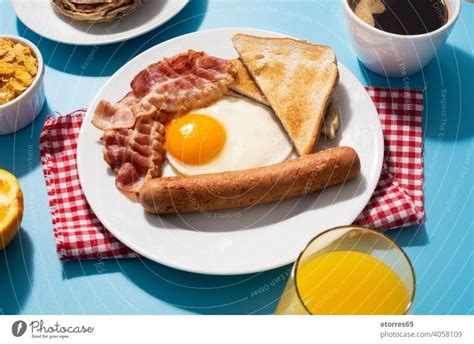 Traditional American Breakfast On Blue Background A Royalty Free