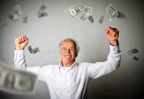 Happy Old Man In White And Falling Dollar Banknotes Stock Photo Image