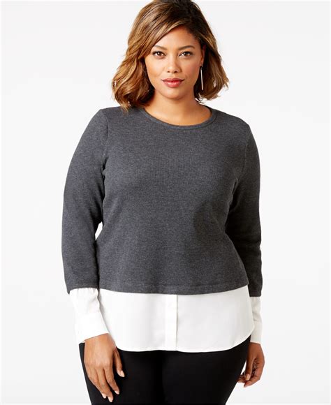 Calvin Klein Plus Size Waffle Knit Layered Look Top In Gray Lyst