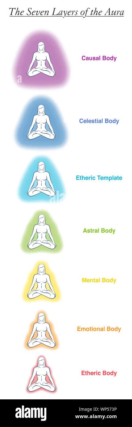 Seven Aura Bodies Chart Of A Meditating Yoga Woman Labeled Chart
