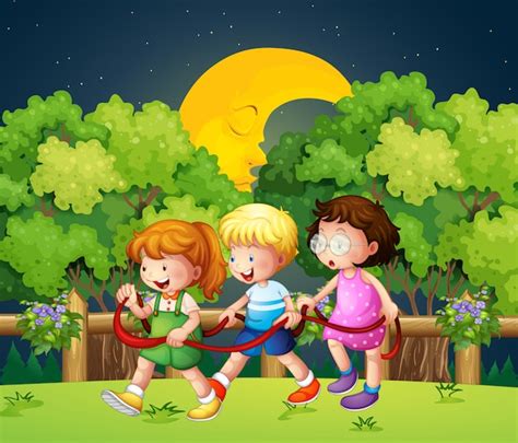 Tres Niños Caminando Al Aire Libre En El Medio De La Noche Vector Premium