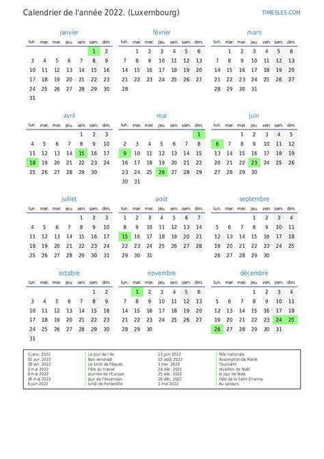 Calendrier 2022 Avec Jours Fériés Au Luxembourg Imprimer Et