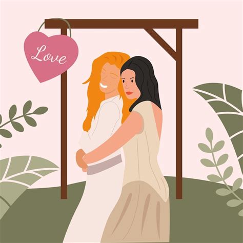 premium vector two lesbian women in wedding dresses are happy and engaged beige vector