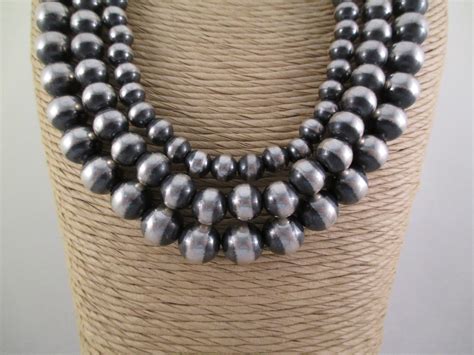 Oxidized Sterling Silver Bead Necklace 3 Strands Navajo Jewelry