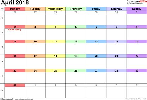 Kalendar akademik sesi ii 2018/2019. Calendar April 2018 (UK) with Excel, Word and PDF templates
