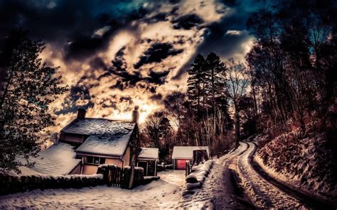 Hdr Road Clouds Trees Nature Snow Sky House Chimneys Wallpaper