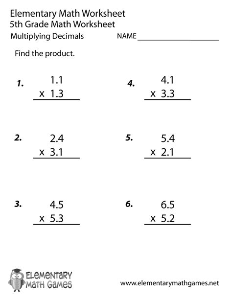 Fifth Grade Decimals Multiplication Worksheet Multiplication Decimals
