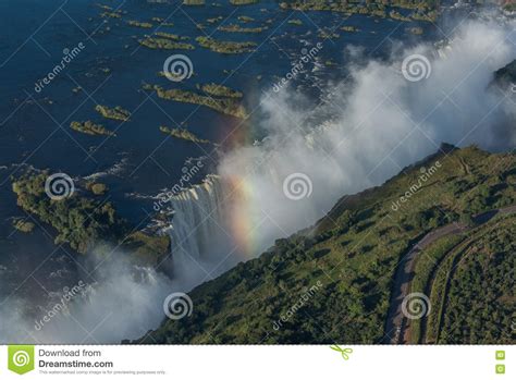 Aerial View Of Victoria Falls And Rainbow Stock Photo Image Of Spray