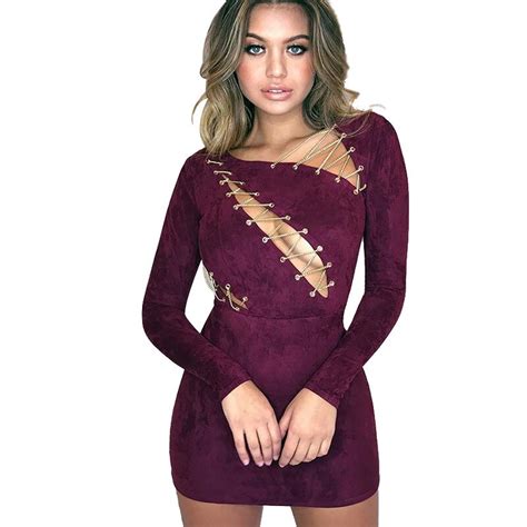 2018 Sexy Hollow Out Chain Suede Purple Mini Dress Slim Long Sleeve