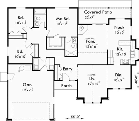 One Level House Plan 3 Bedroom 2 Bath 2 Car Garage 55 Ft Wide