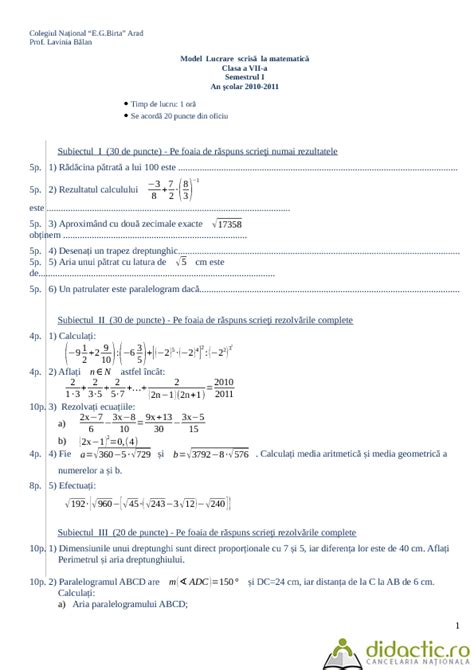 Teza Matematica Clasa 6 Sem 1