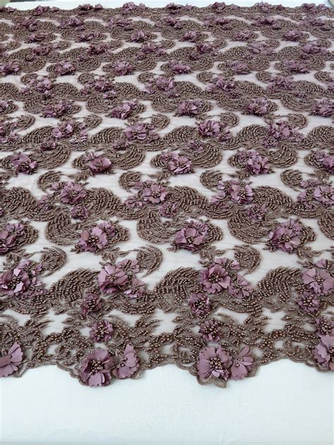 Lilac Floral Beaded Embroidered Lace Mesh Fabric