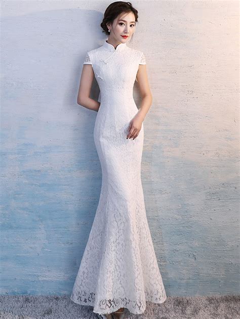 White Lace Long Qipao Cheongsam Wedding Dress Cozyladywear