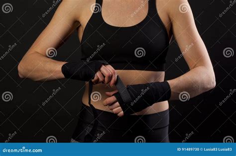 Female Boxer Wrapping Hands With Boxing Tape Stock Photo Image Of