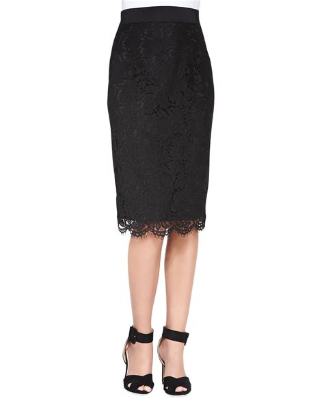 milly long floral lace pencil skirt in black black black lyst