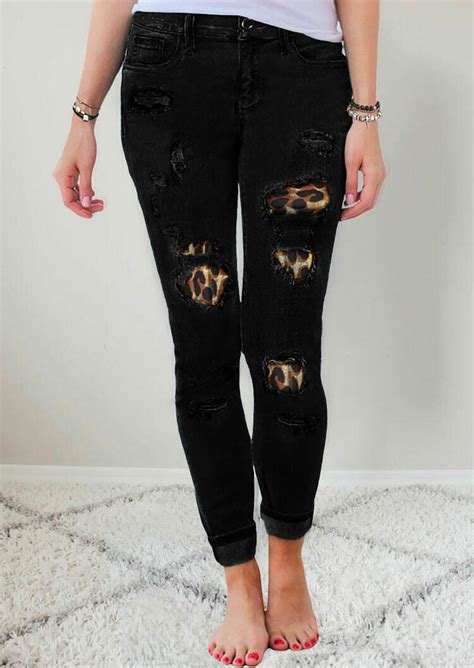 ripped leopard patch pocket high waist skinny jeans black fannyme