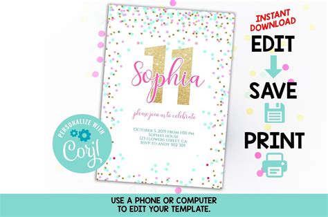 11th Birthday Invitation Editable Pink Gold Confetti Girl 11th Birthday