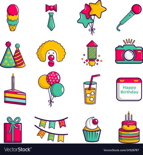 Happy Birthday Icons Set Cartoon Style Royalty Free Vector