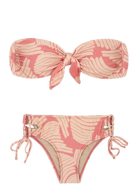 Pink Print Larger Side Laced Brazilian Bikini With Bandeau Top Banana