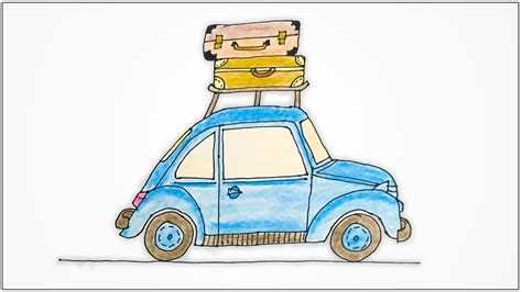 Learn How To Draw A Retro Car With Luggage On The Roof Step By Step